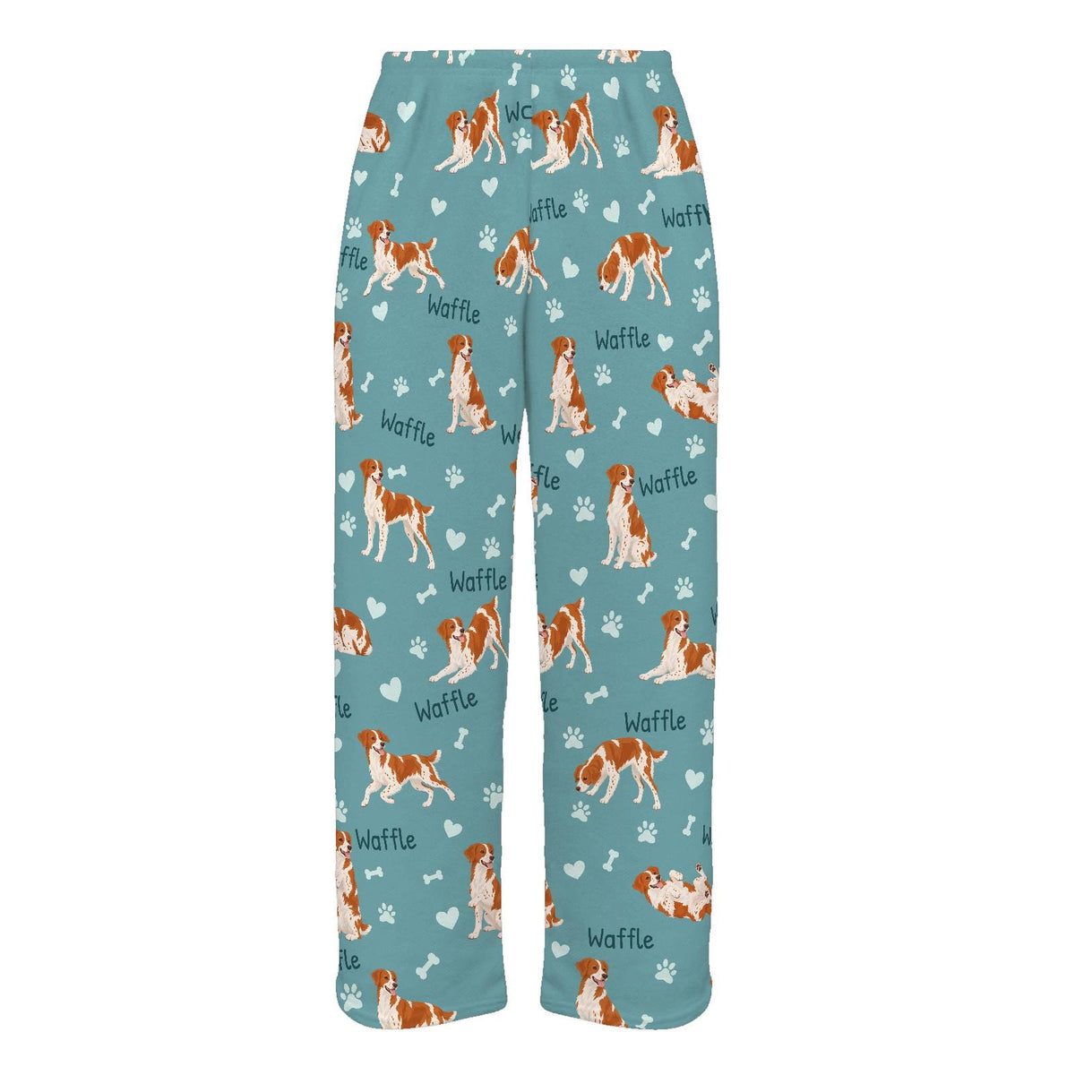 Brittany personalized pet name fleece pajama trousers, flat front view.