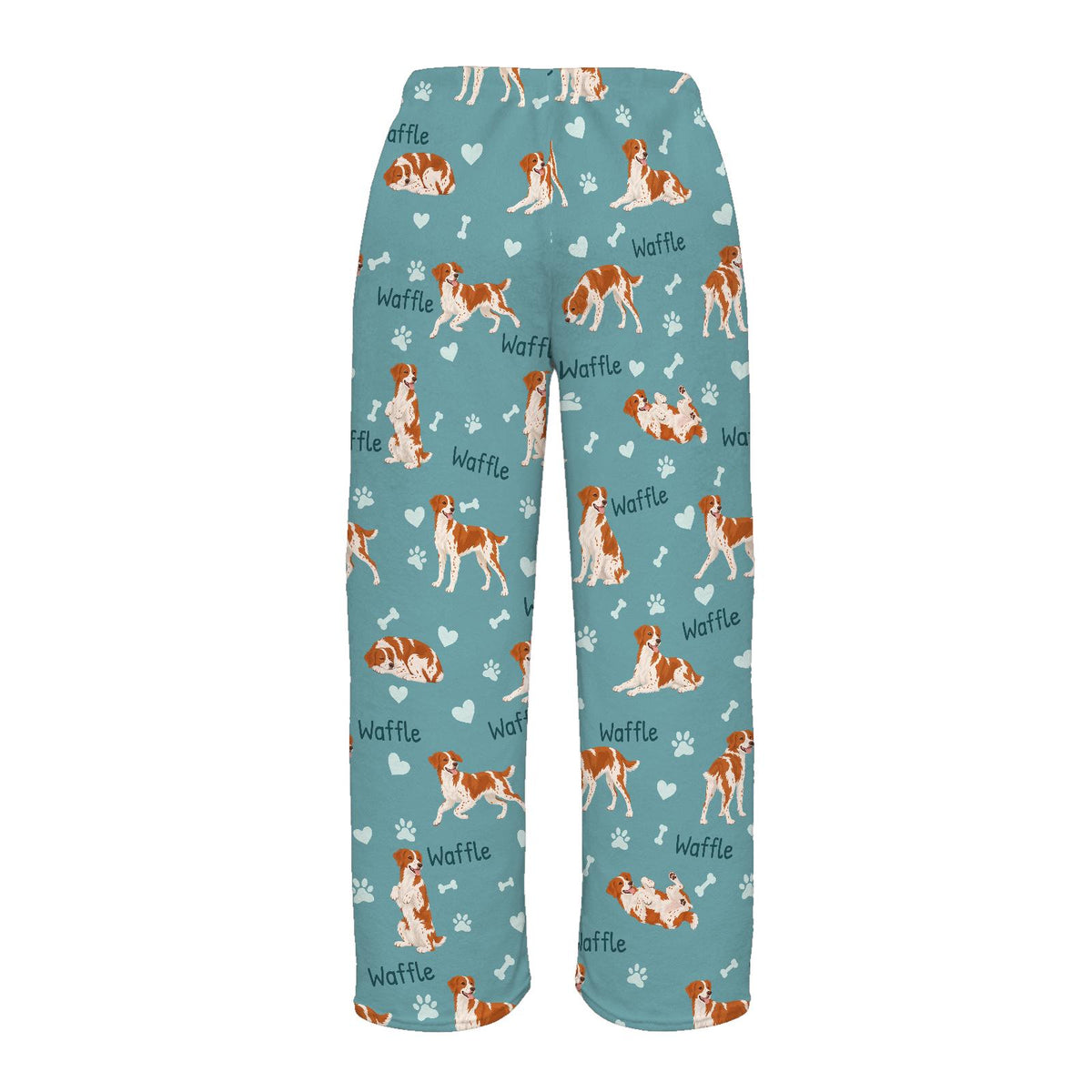 Brittany personalized pet name fleece pajama trousers, flat back view.