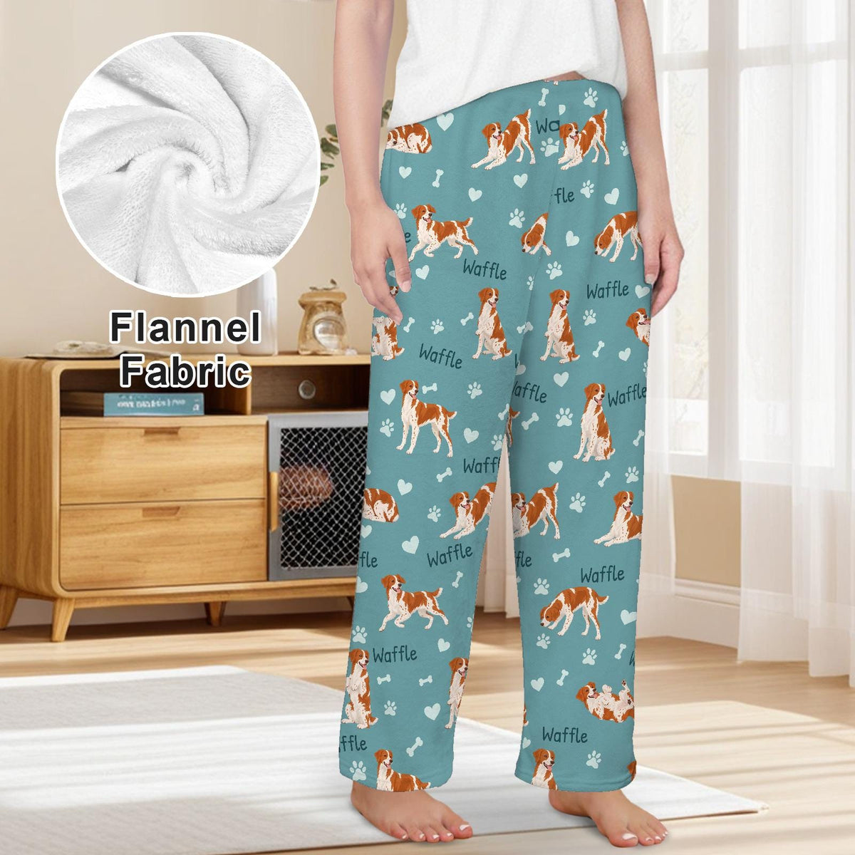 Brittany personalized pet name fleece pajama trousers, front lifestyle view.