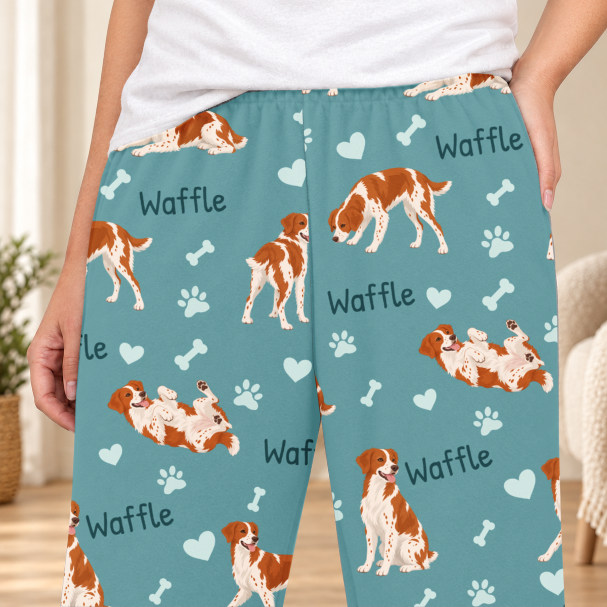 Brittany personalized fleece pajama close-up showing breed artwork and example pet name