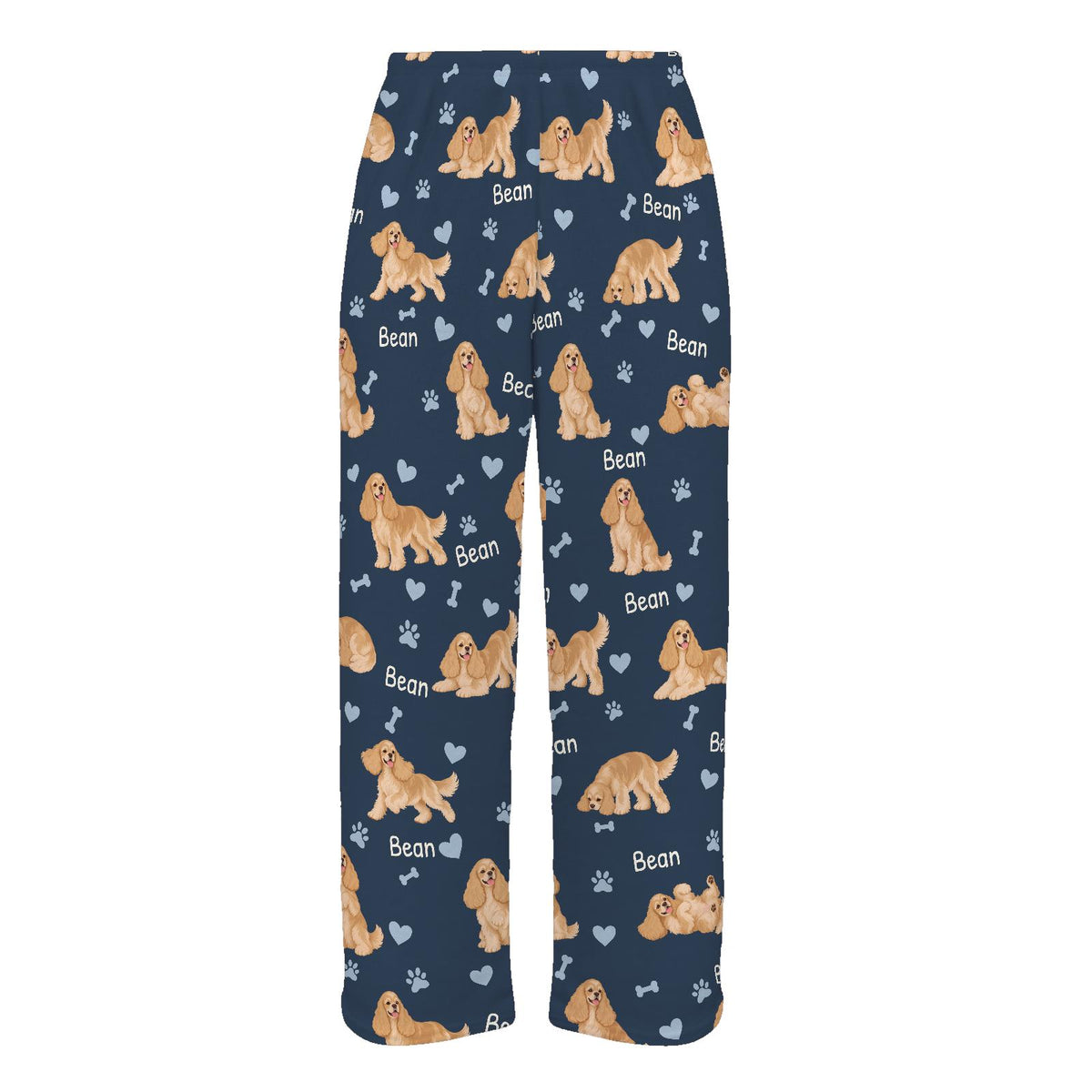 Cocker Spaniel personalized pet name fleece pajama trousers, flat front view.
