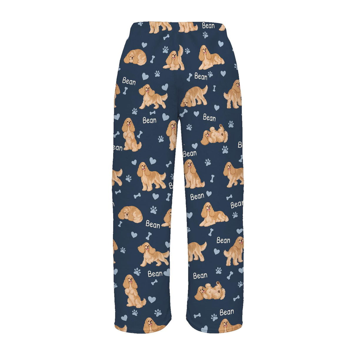 Cocker Spaniel personalized pet name fleece pajama trousers, flat back view.