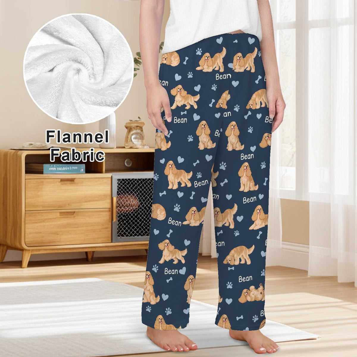 Cocker Spaniel personalized pet name fleece pajama trousers, front lifestyle view.