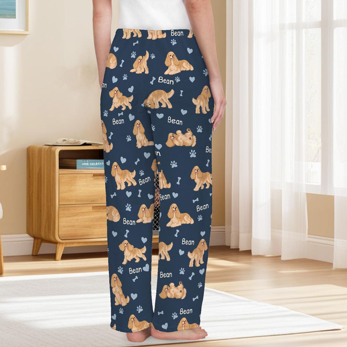 Cocker Spaniel personalized pet name fleece pajama trousers, back lifestyle view.