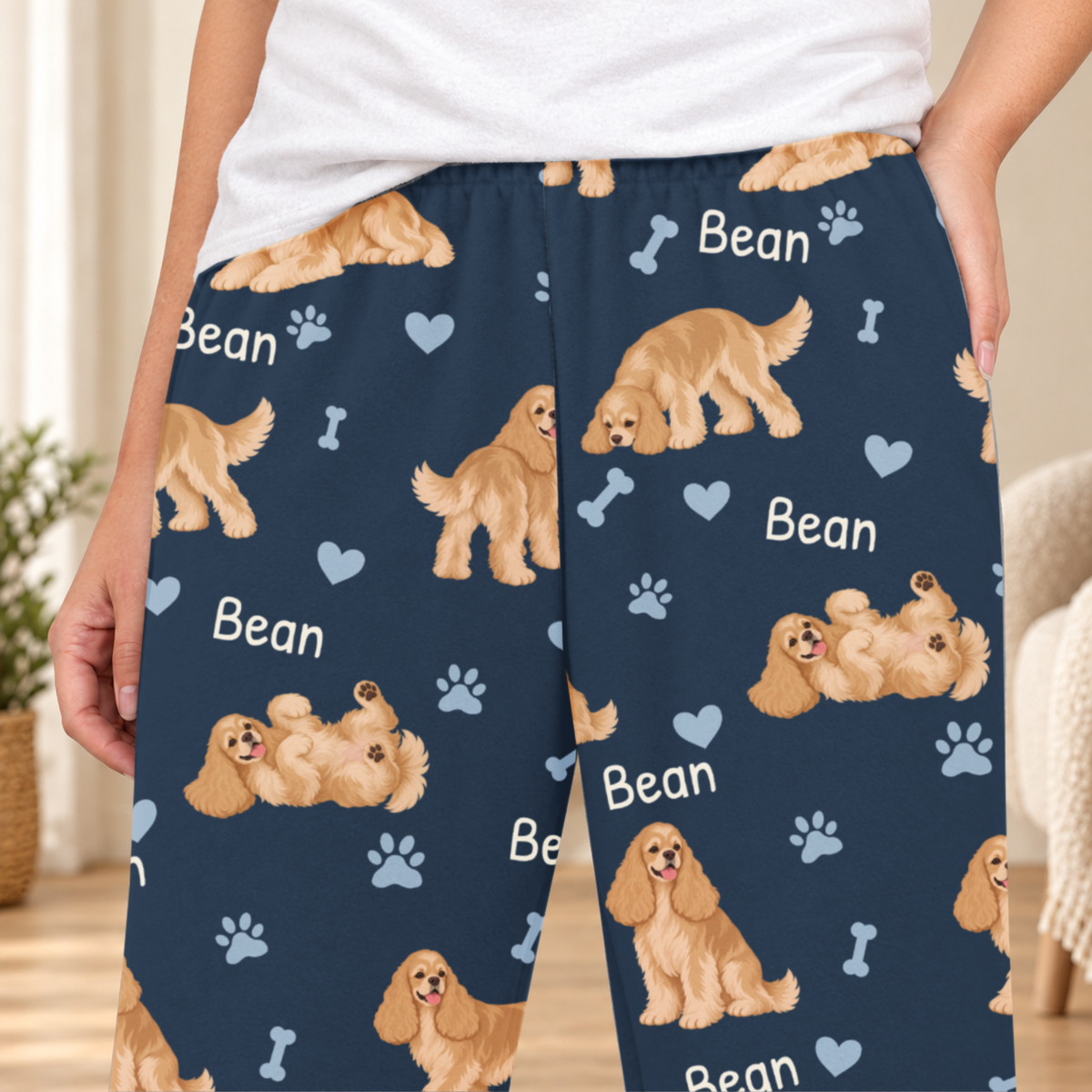 Cocker Spaniel personalized fleece pajama close-up showing breed artwork and example pet name