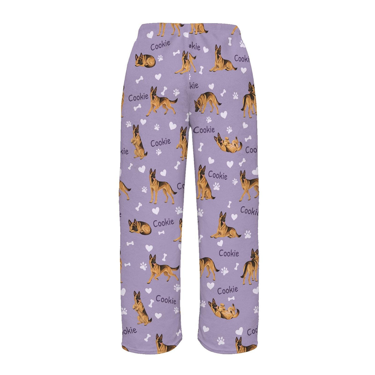 Belgian Malinois personalized pet name fleece pajama trousers, flat back view.