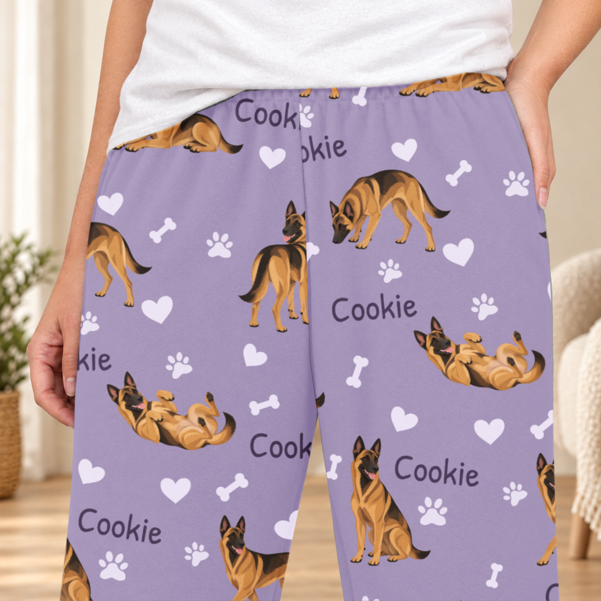 Belgian Malinois personalized fleece pajama close-up showing breed artwork and example pet name
