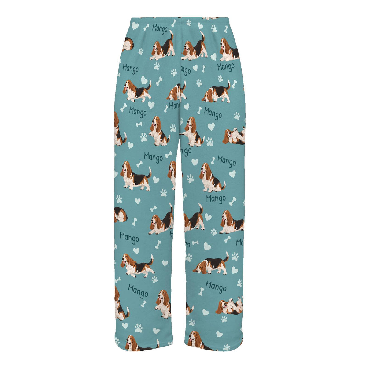 Basset Hound personalized pet name fleece pajama trousers, flat front view.