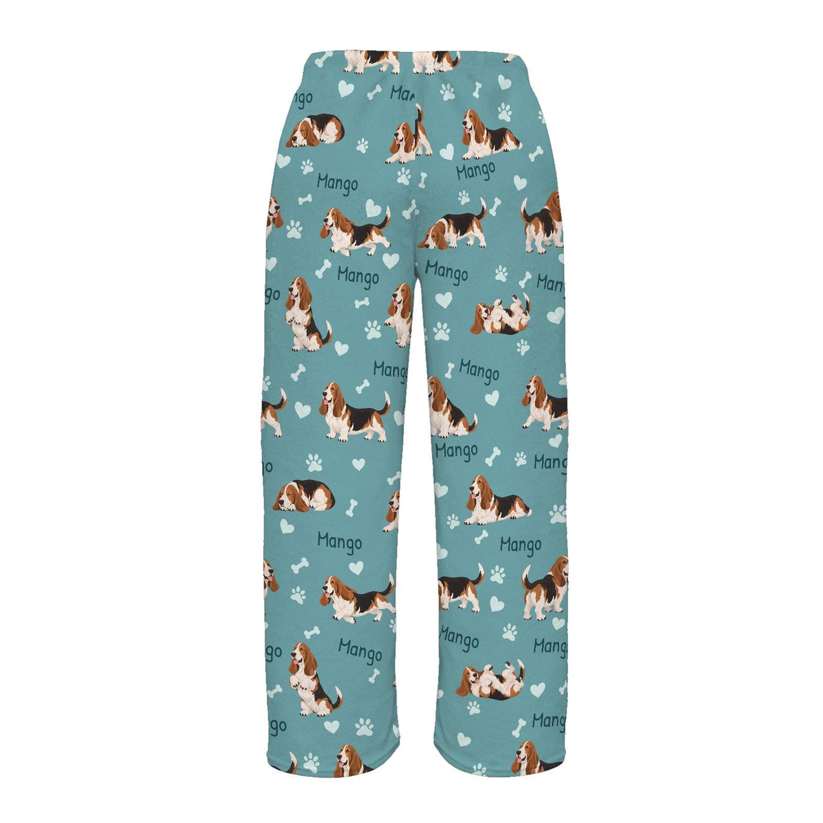 Basset Hound personalized pet name fleece pajama trousers, flat back view.