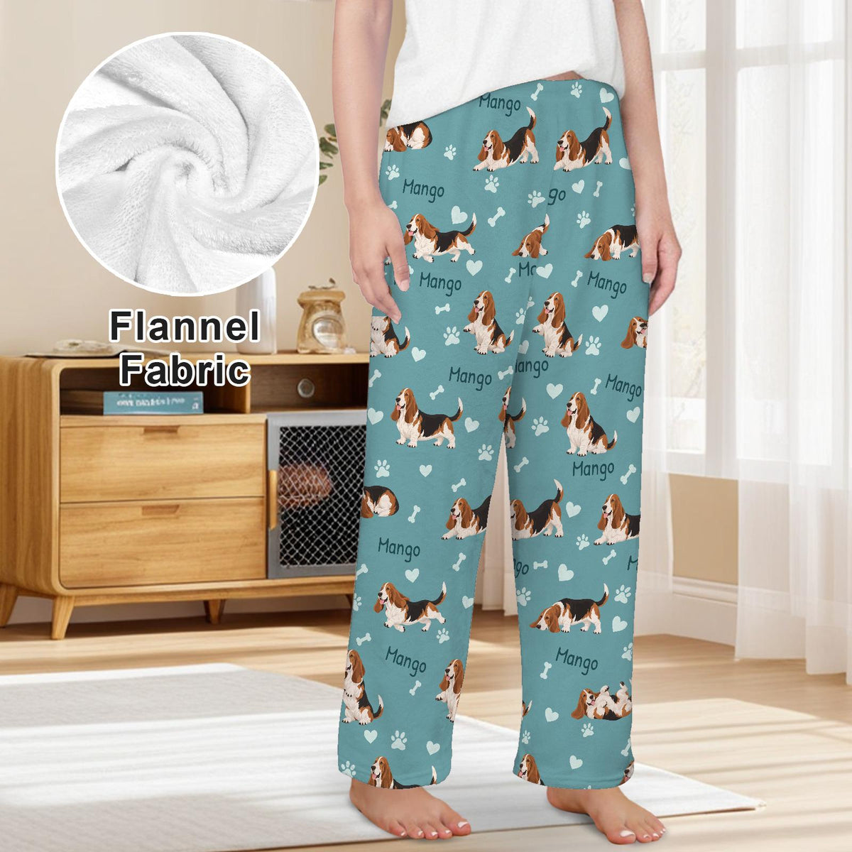 Basset Hound personalized pet name fleece pajama trousers, front lifestyle view.