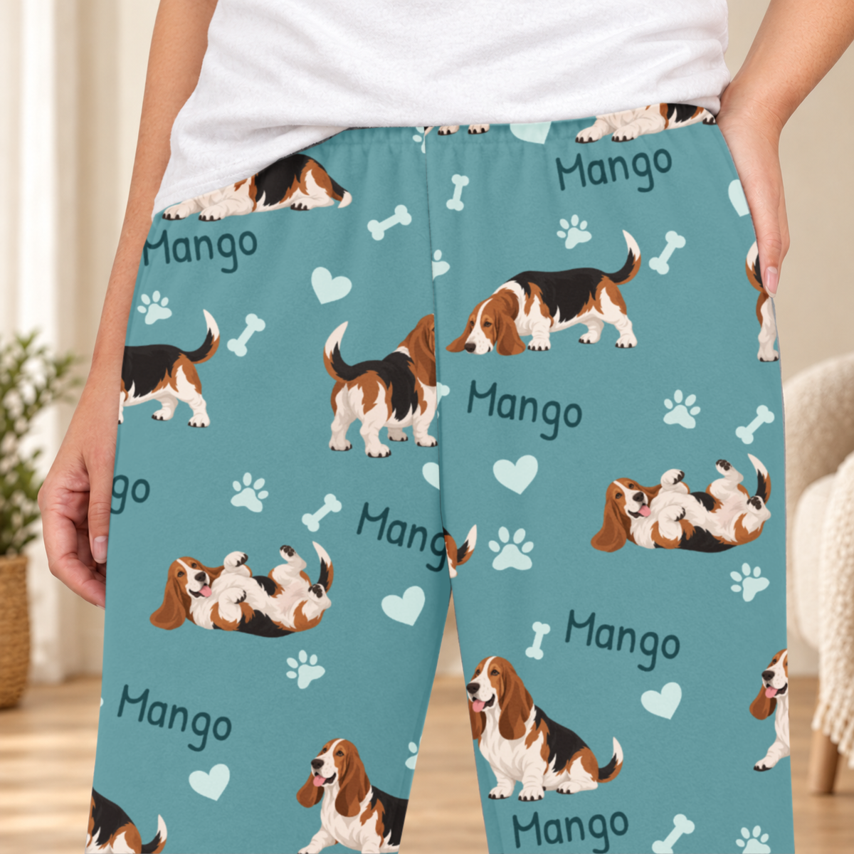 Basset Hound personalized fleece pajama close-up showing breed artwork and example pet name