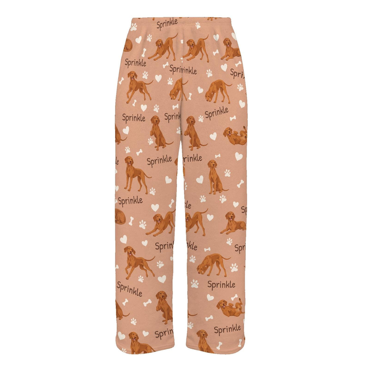 Vizsla personalized pet name fleece pajama trousers, flat front view.