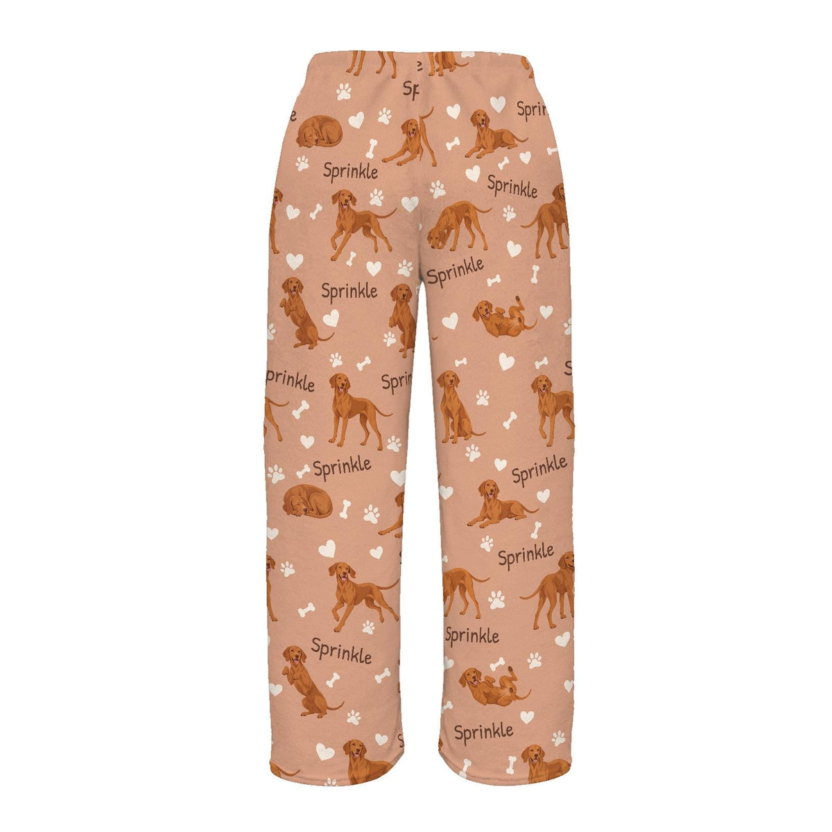 Vizsla personalized pet name fleece pajama trousers, flat back view.