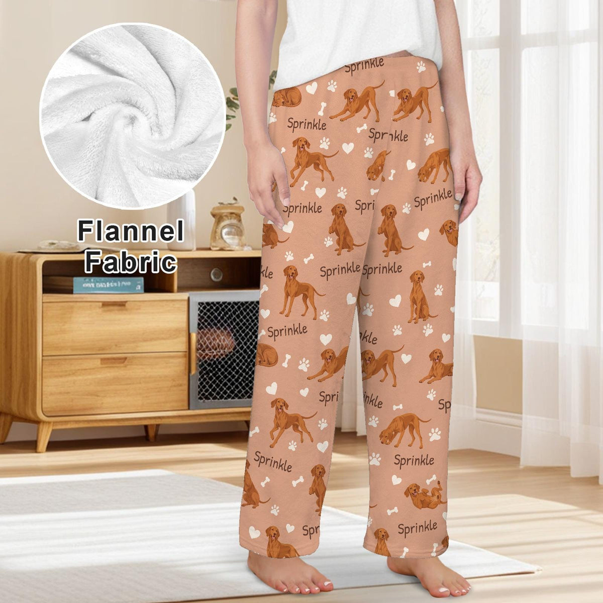 Vizsla personalized pet name fleece pajama trousers, front lifestyle view.