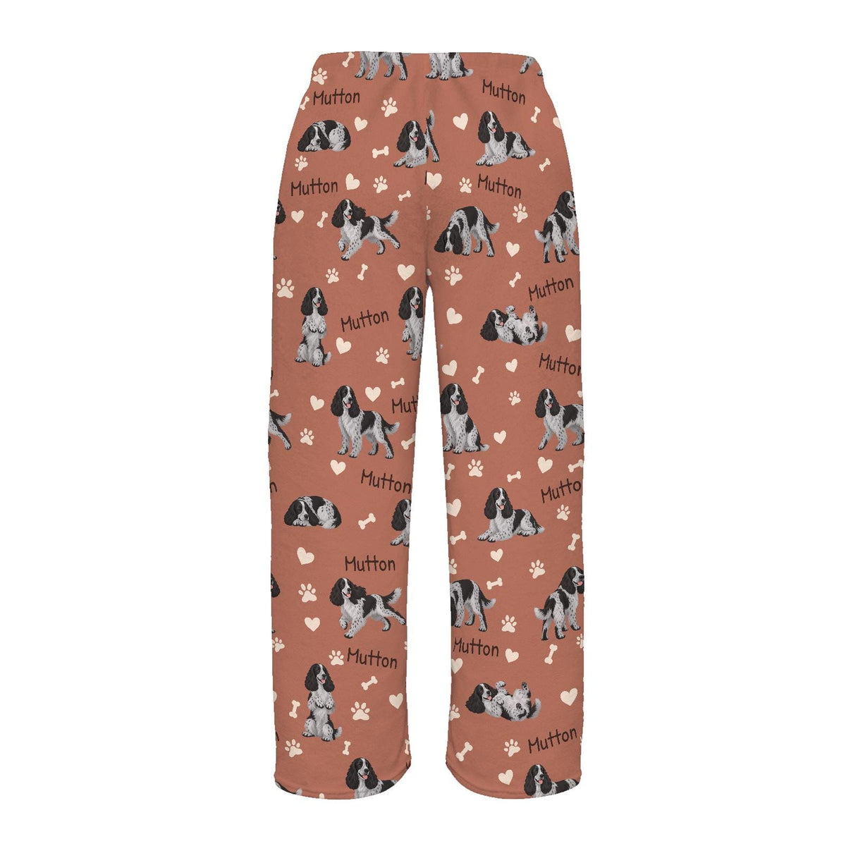 English Cocker Spaniel personalized pet name fleece pajama trousers, flat back view.
