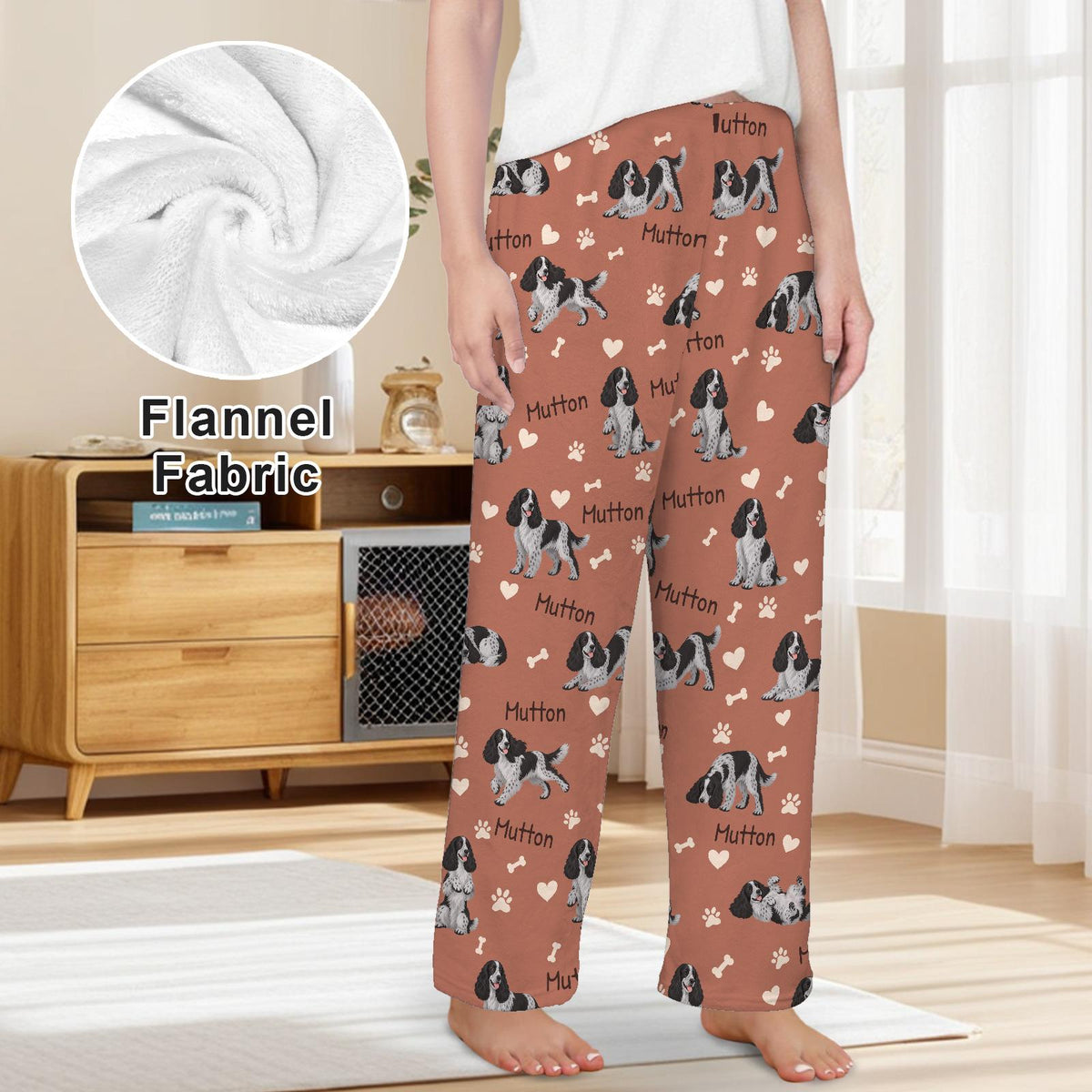 English Cocker Spaniel personalized pet name fleece pajama trousers, front lifestyle view.