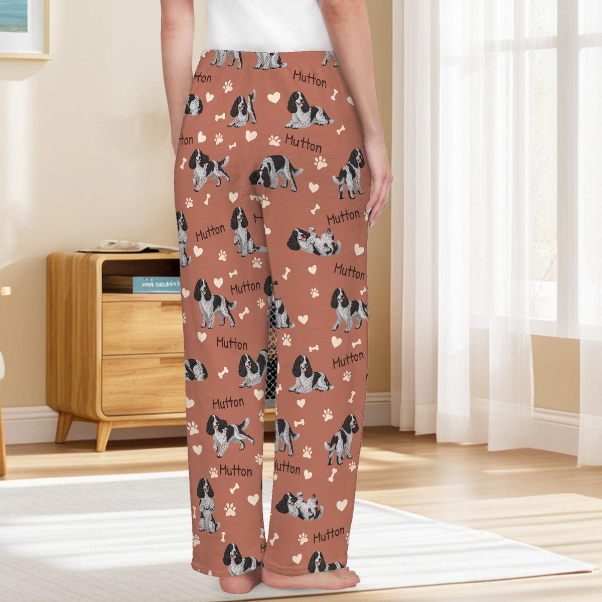English Cocker Spaniel personalized pet name fleece pajama trousers, back lifestyle view.