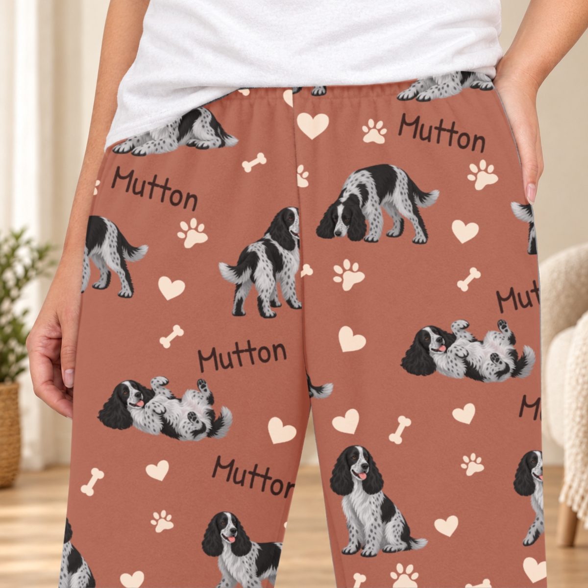 English Cocker Spaniel personalized fleece pajama close-up showing breed artwork and example pet name