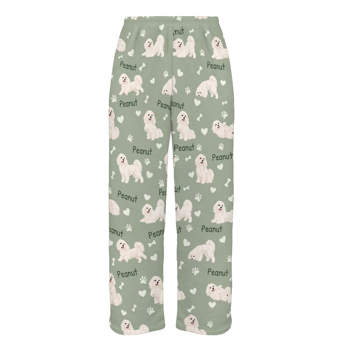 Maltese personalized pet name fleece pajama trousers, flat front view.