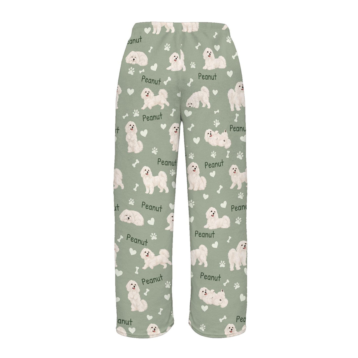 Maltese personalized pet name fleece pajama trousers, flat back view.