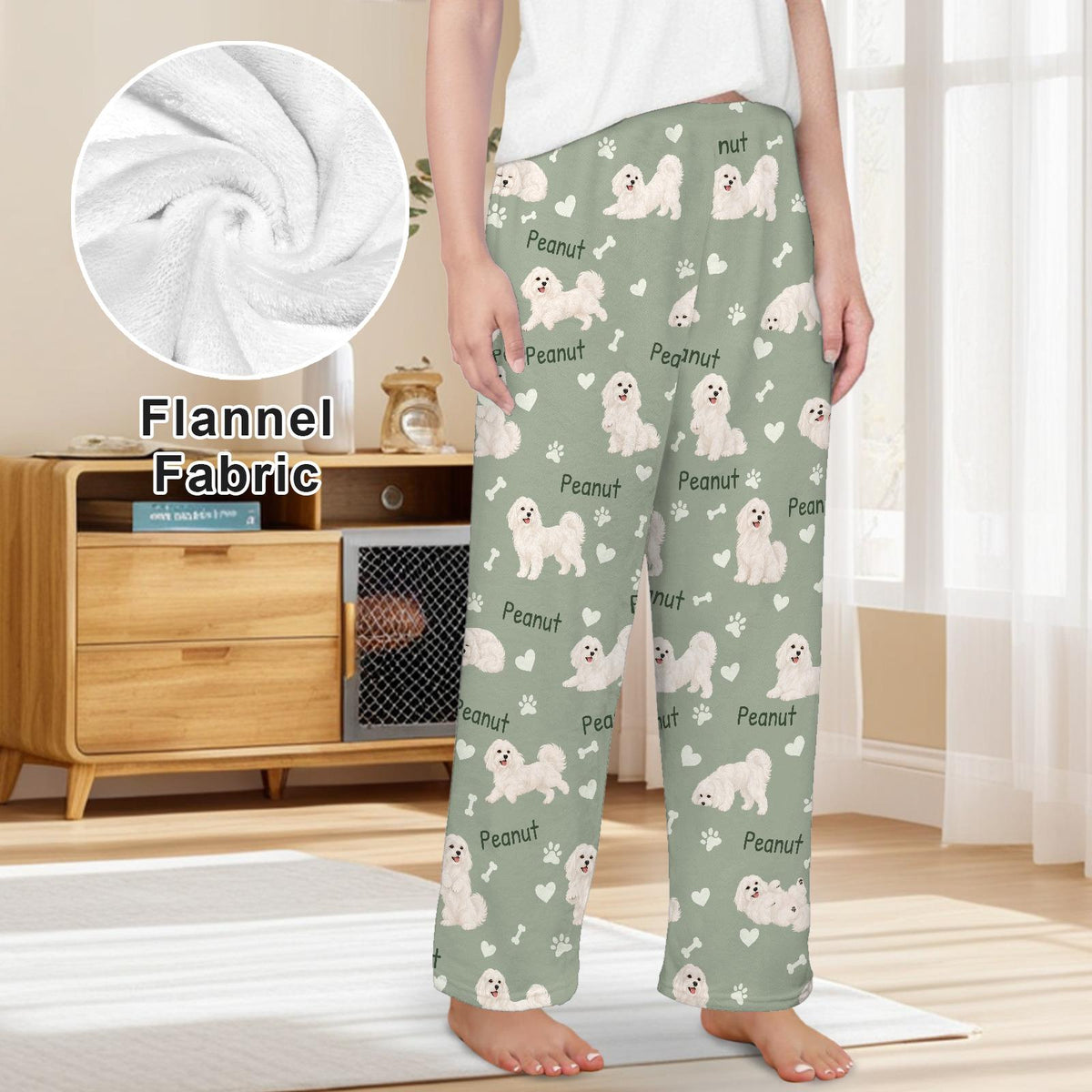 Maltese personalized pet name fleece pajama trousers, front lifestyle view.