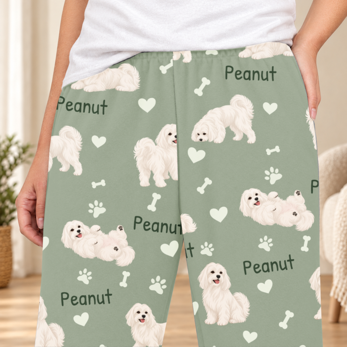 Maltese personalized fleece pajama close-up showing breed artwork and example pet name