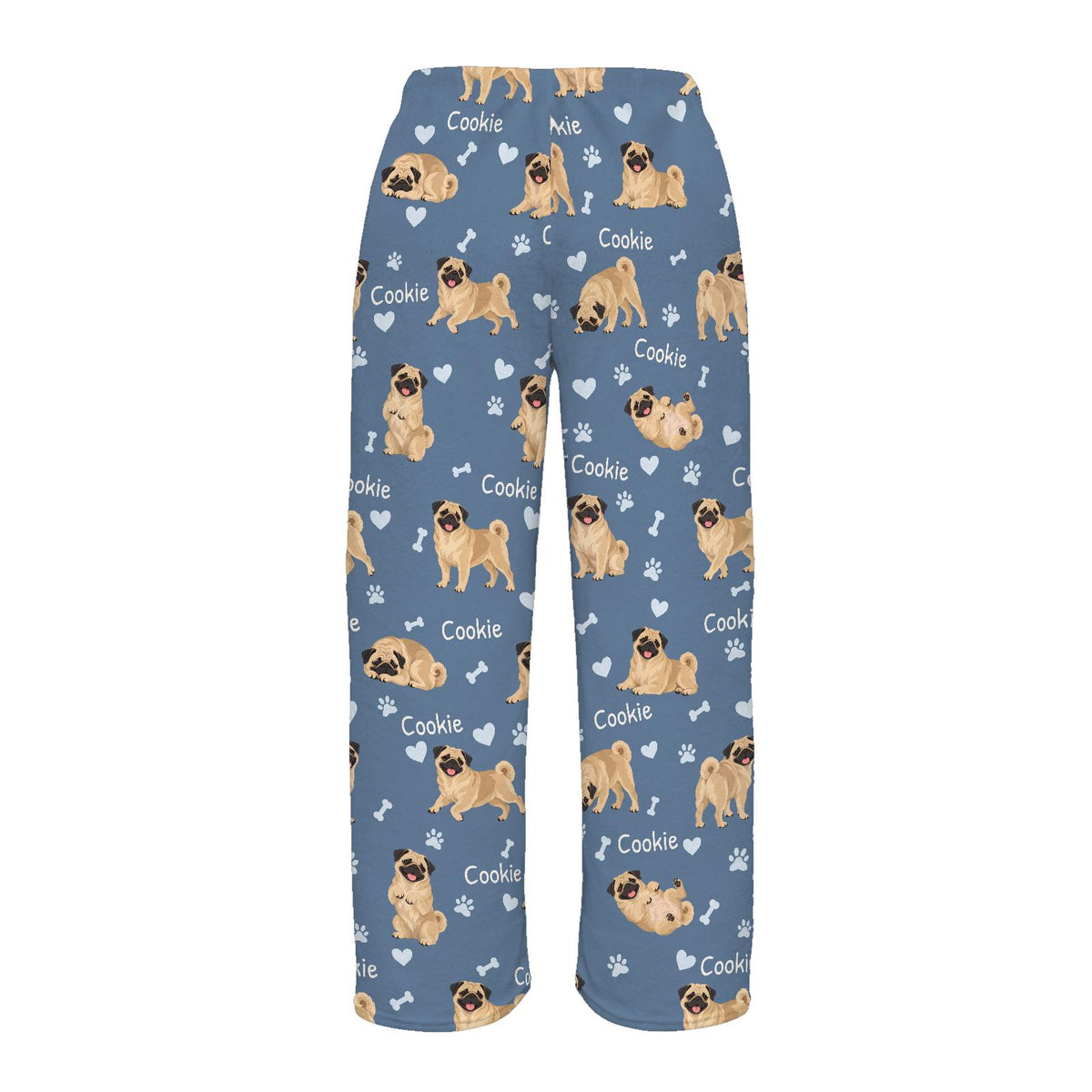 Pug personalized pet name fleece pajama trousers, flat back view.