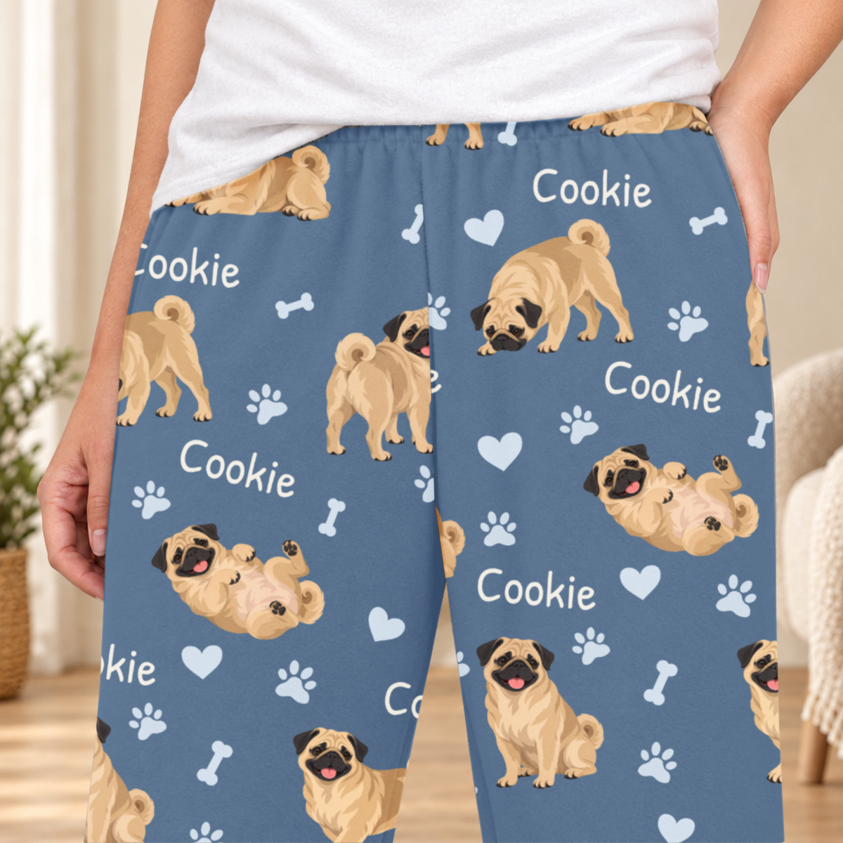 Pug personalized fleece pajama close-up showing breed artwork and example pet name