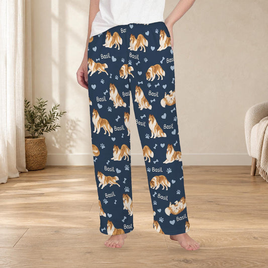 Collie personalized fleece pajama trousers on a model; women's fit, front view. Cozy neutral room background.