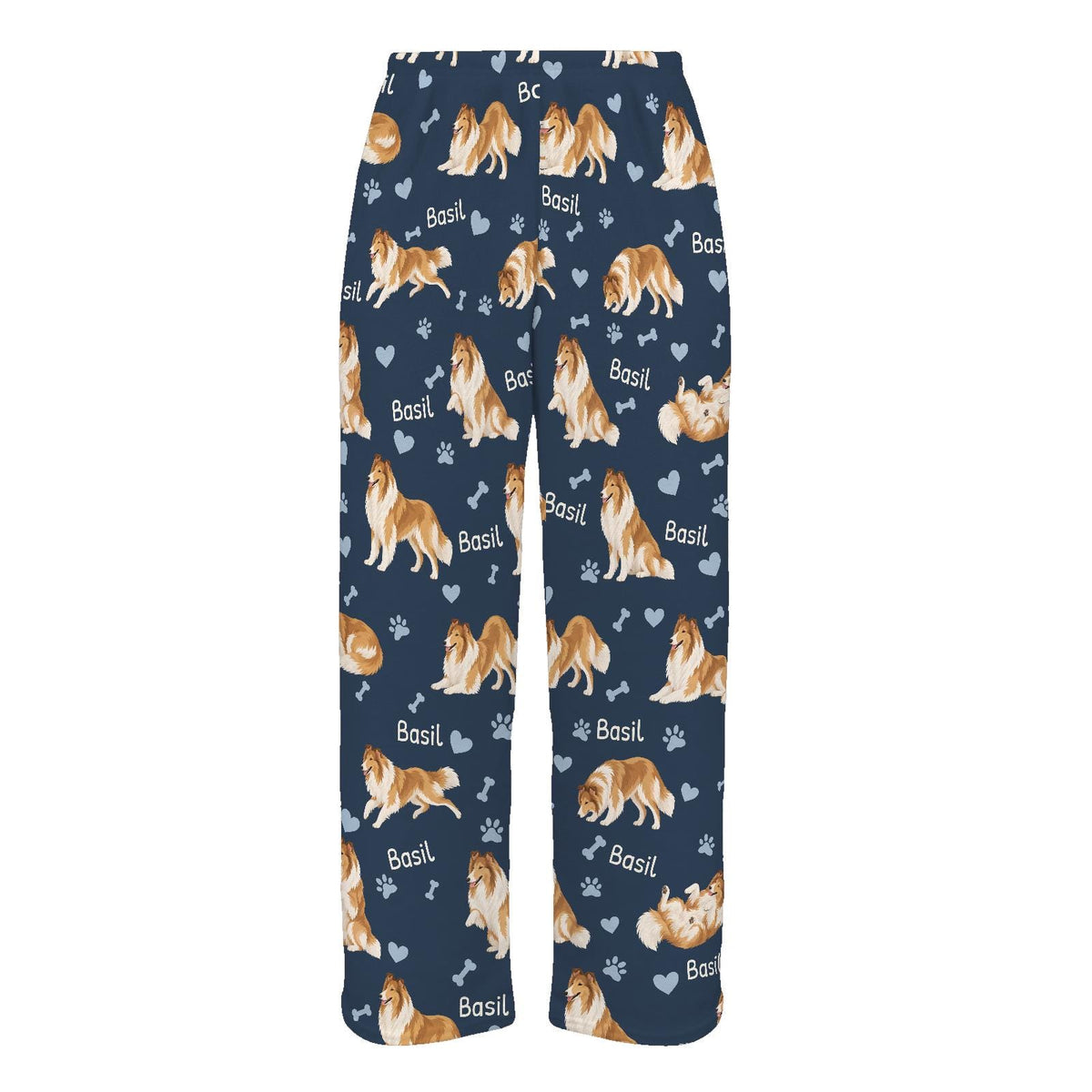 Collie personalized pet name fleece pajama trousers, flat front view.