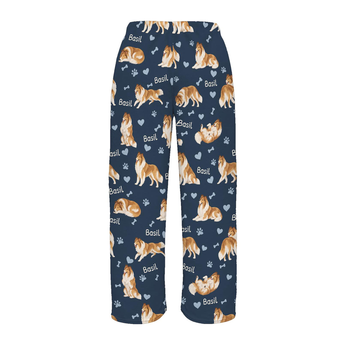 Collie personalized pet name fleece pajama trousers, flat back view.