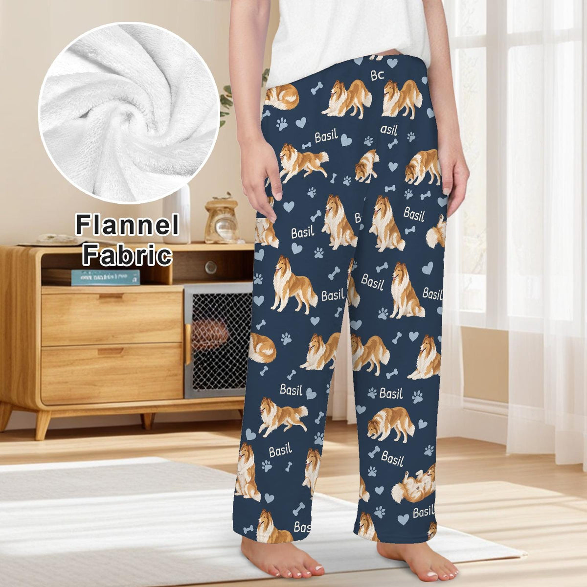 Collie personalized pet name fleece pajama trousers, front lifestyle view.