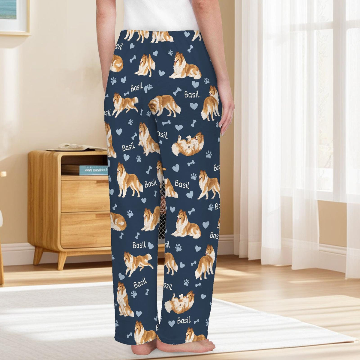 Collie personalized pet name fleece pajama trousers, back lifestyle view.