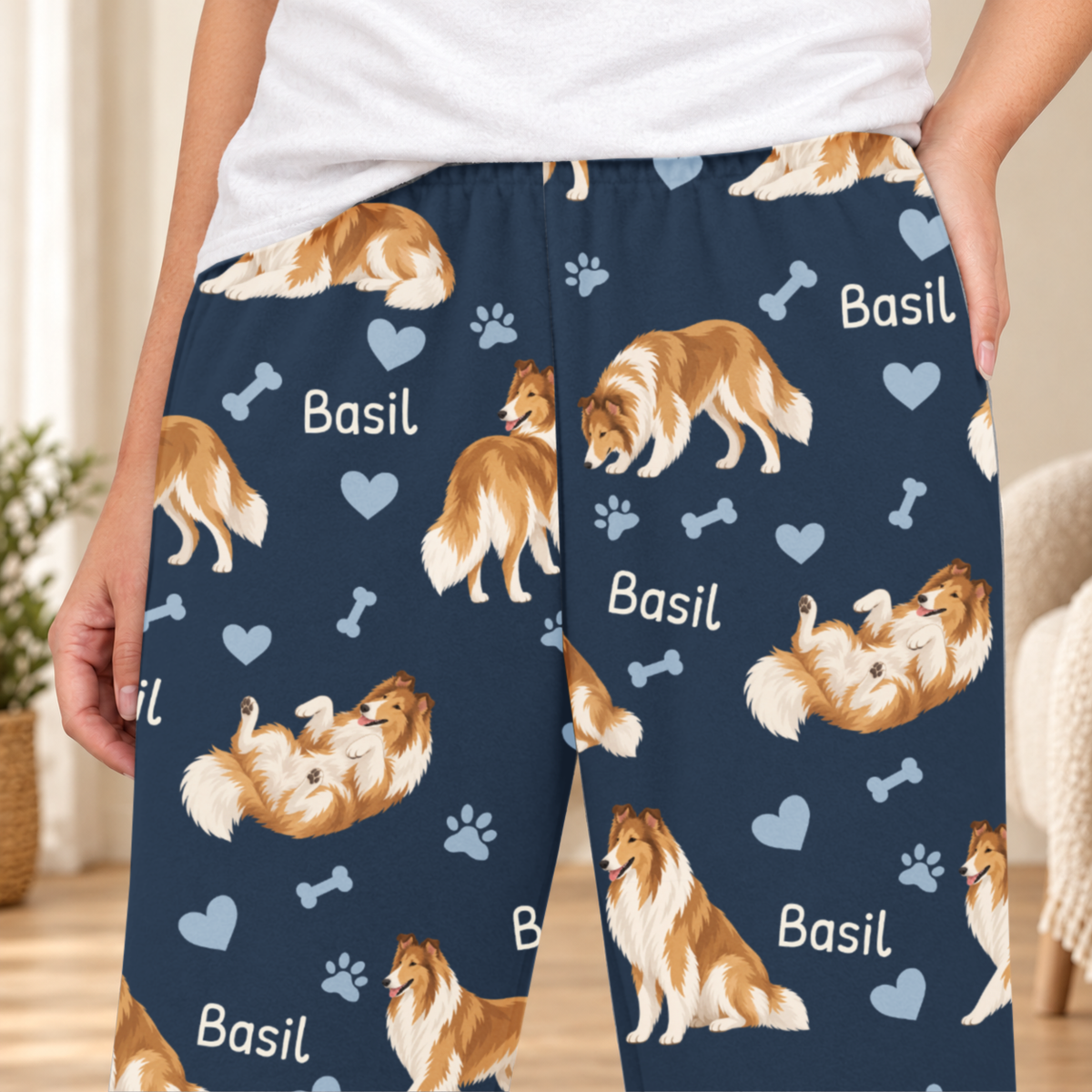 Collie personalized fleece pajama close-up showing breed artwork and example pet name