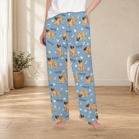 Mastiff personalized fleece pajama trousers on a model; women's fit, front view. Cozy neutral room background.