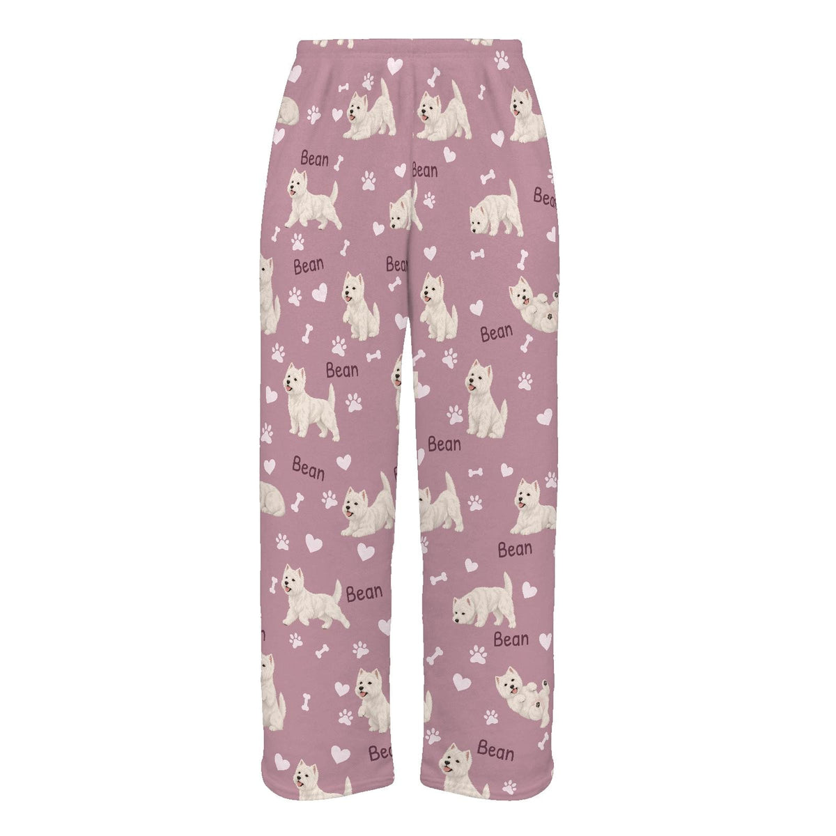 West Highland White Terrier personalized pet name fleece pajama trousers, flat front view.