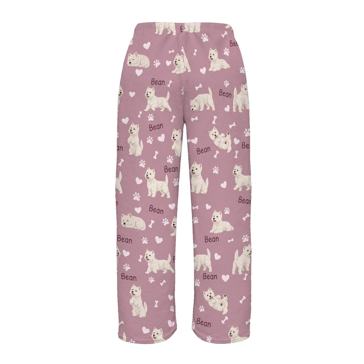 West Highland White Terrier personalized pet name fleece pajama trousers, flat back view.