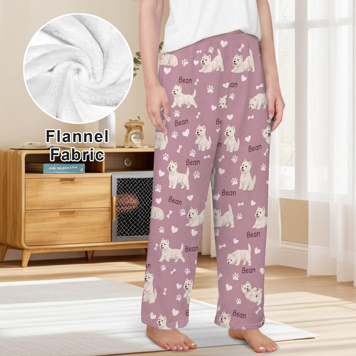 West Highland White Terrier personalized pet name fleece pajama trousers, front lifestyle view.