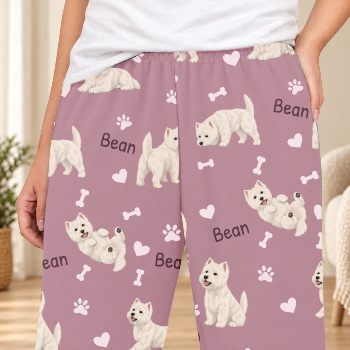 West Highland White Terrier personalized fleece pajama close-up showing breed artwork and example pet name