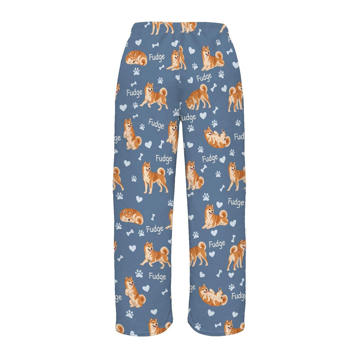 Shiba Inu personalized pet name fleece pajama trousers, flat back view.