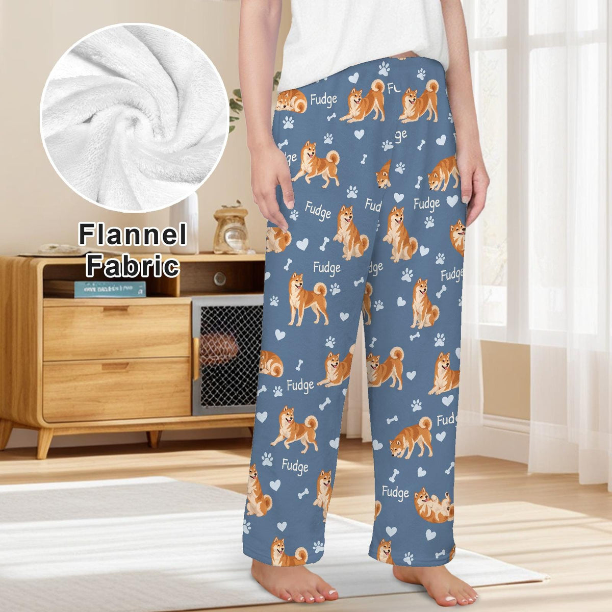 Shiba Inu personalized pet name fleece pajama trousers, front lifestyle view.