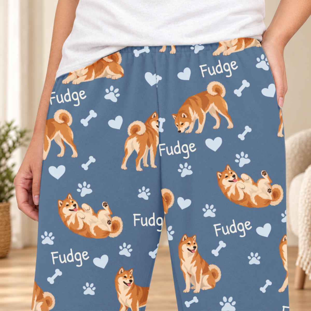 Shiba Inu personalized fleece pajama close-up showing breed artwork and example pet name