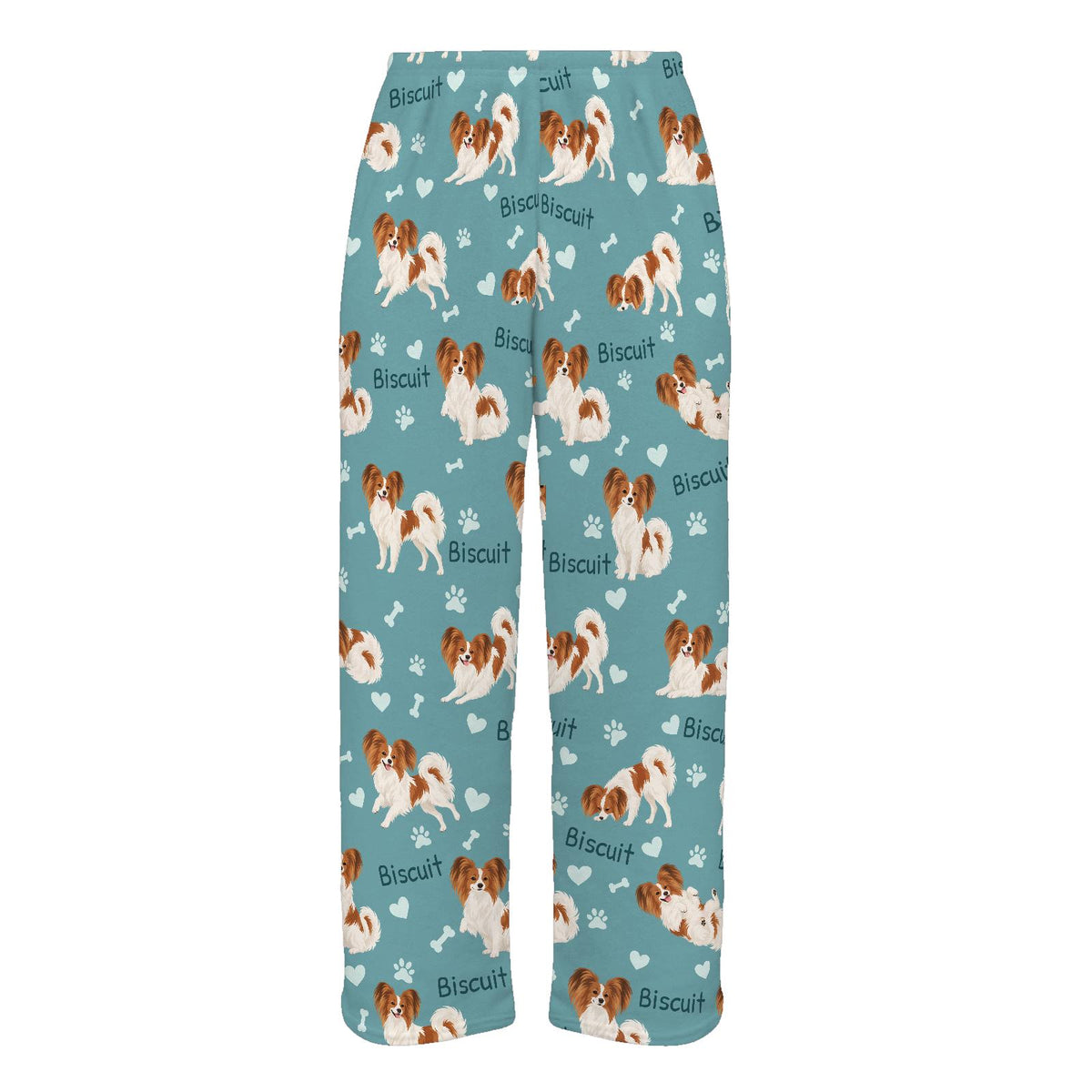 Papillon personalized pet name fleece pajama trousers, flat front view.