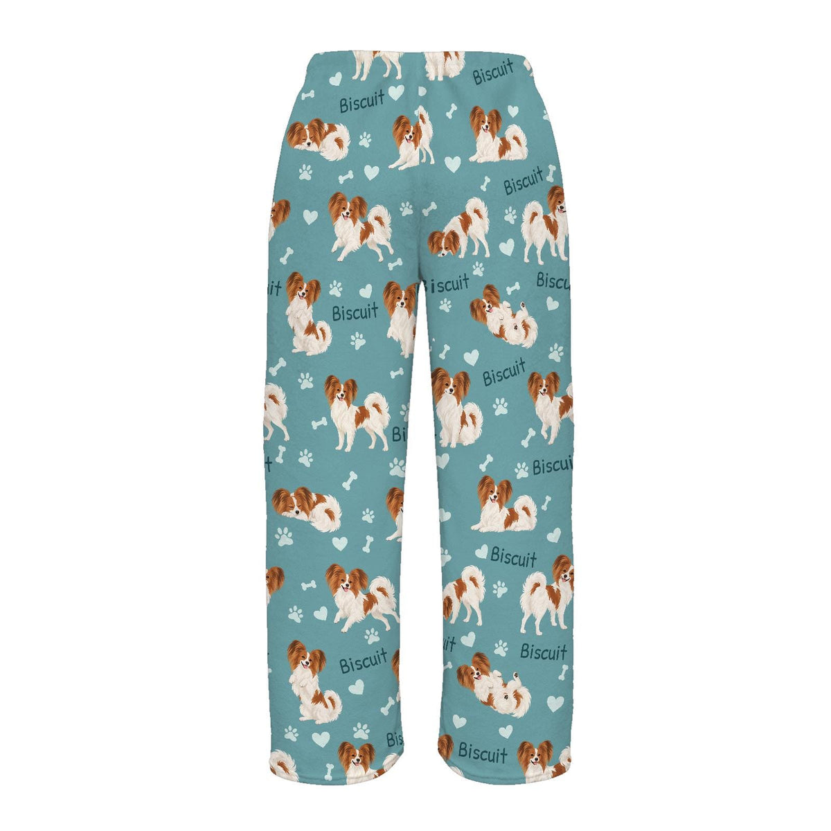 Papillon personalized pet name fleece pajama trousers, flat back view.