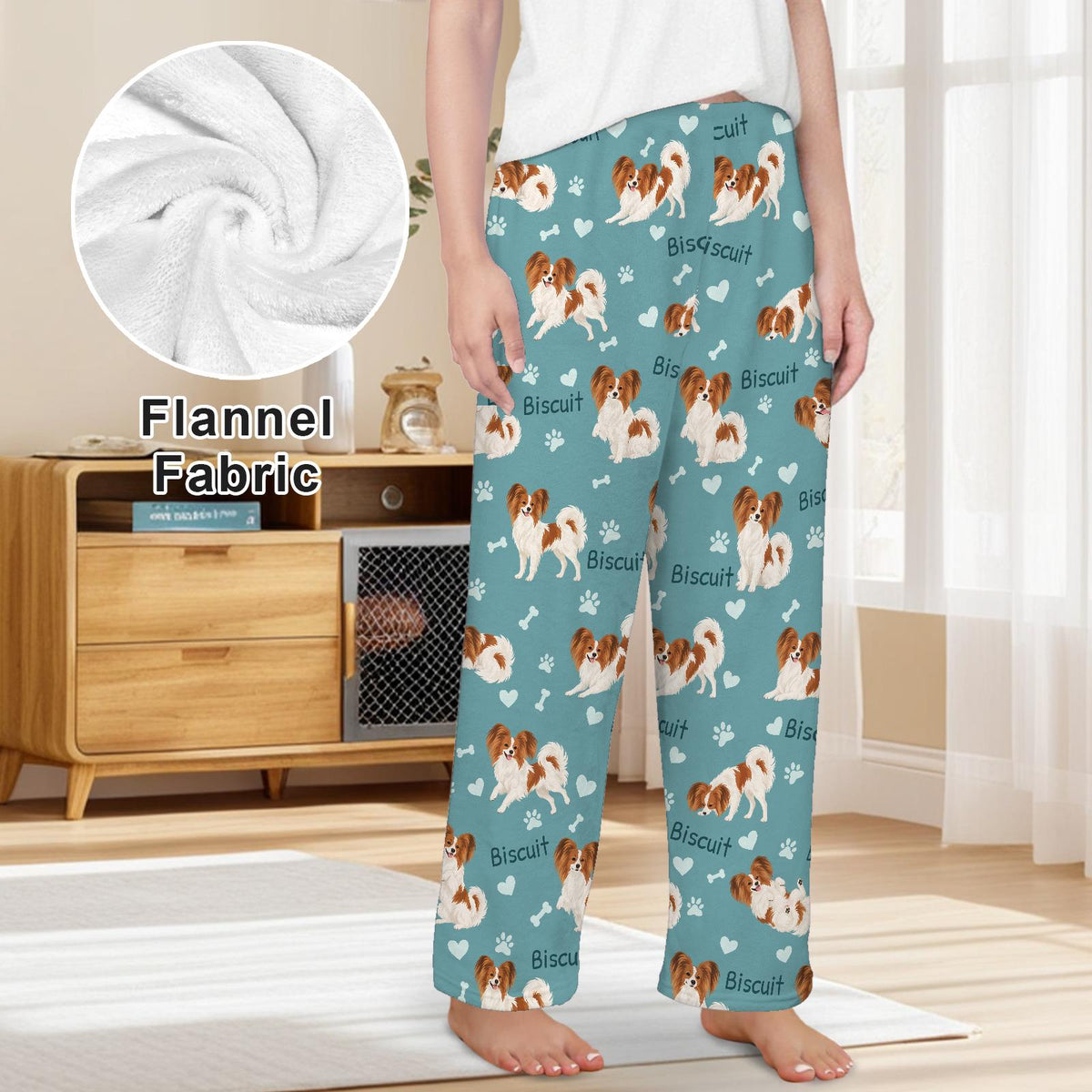 Papillon personalized pet name fleece pajama trousers, front lifestyle view.
