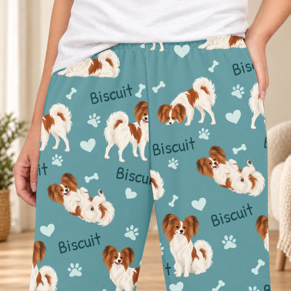 Papillon personalized fleece pajama close-up showing breed artwork and example pet name