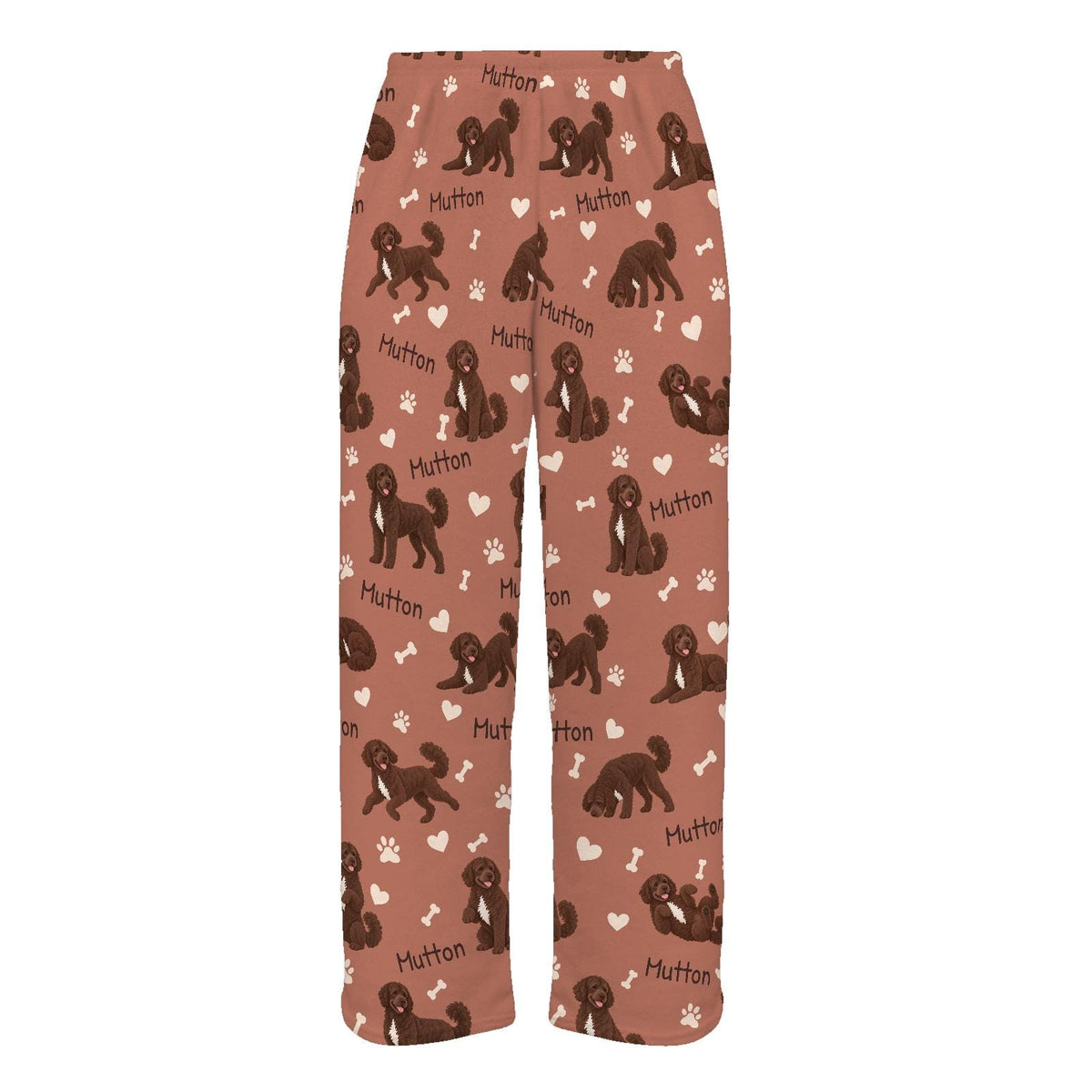Portuguese Water Dog personalized pet name fleece pajama trousers, flat front view.