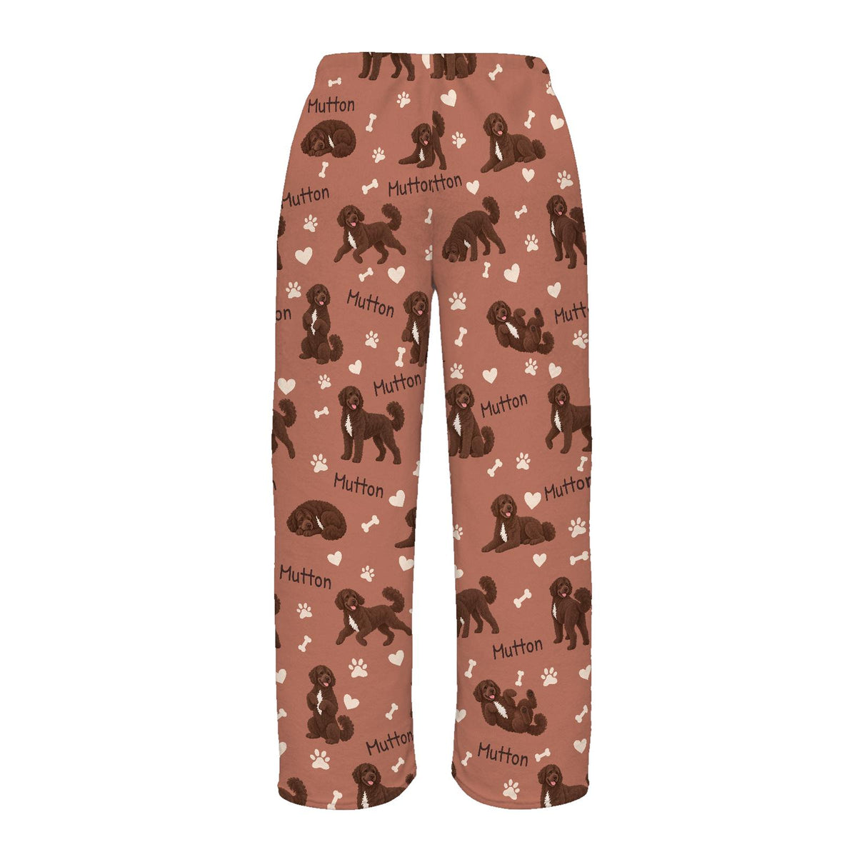 Portuguese Water Dog personalized pet name fleece pajama trousers, flat back view.