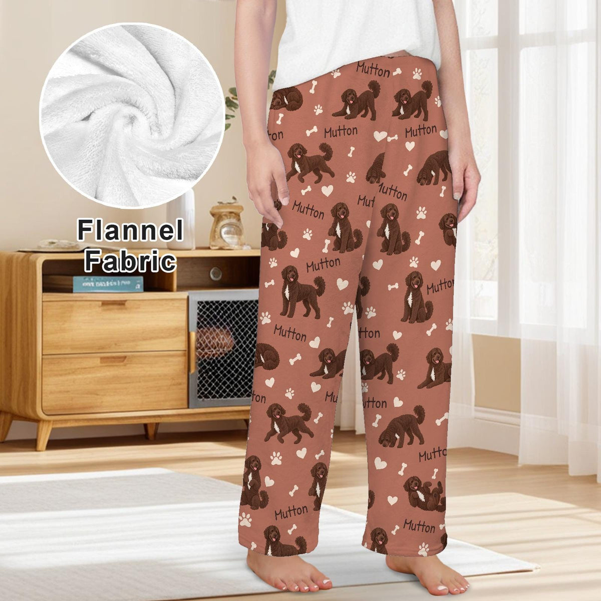 Portuguese Water Dog personalized pet name fleece pajama trousers, front lifestyle view.