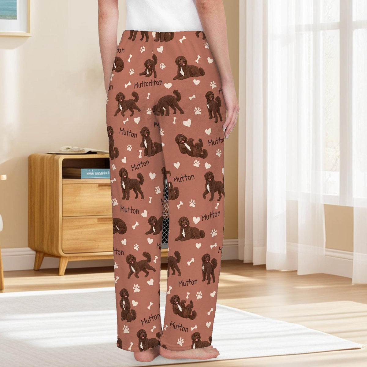 Portuguese Water Dog personalized pet name fleece pajama trousers, back lifestyle view.